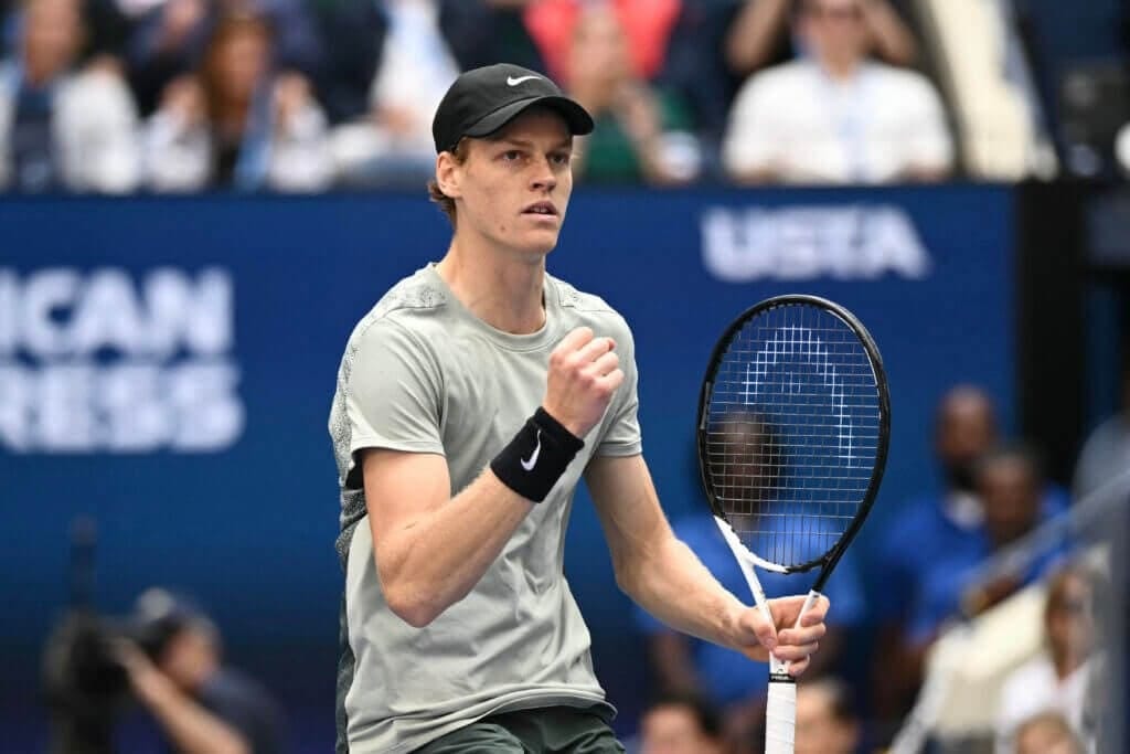 Italy&#039;s Jannik Sinner reacts during his men&#039;s final match against USA&#039;s Taylor Fritz on day fourteen of the US Open tennis tournament at the USTA Billie Jean King National Tennis Center in New York City, on September 8, 2024. (Photo by ANGELA WEISS / AFP) (Photo by ANGELA WEISS/AFP via Getty Images)