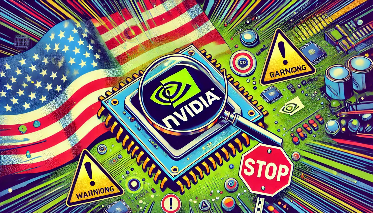 A vibrant, pop-art style illustration in a 16:9 format. The scene shows the NVIDIA logo prominently displayed on a computer chip with warning symbols surrounding it. A magnifying glass hovers over the logo, emphasizing scrutiny. On one side, the U.S. flag waves in the background, with caution signs and stop icons hinting at potential limitations. Data lines and futuristic AI graphics weave through the image, adding to the tech theme. The overall color palette is dynamic and bold, matching a newsletter-style aesthetic.