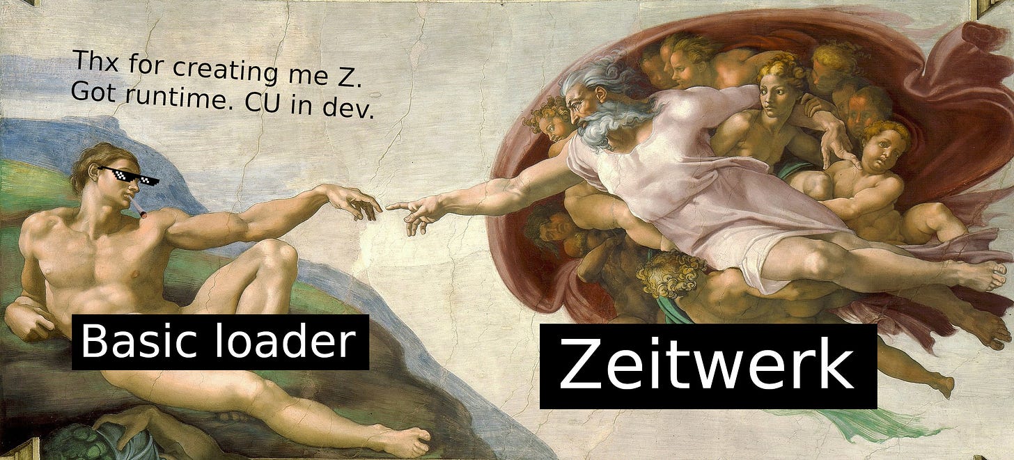 A classic fresco depicting almighty Zeitwerk (God) creating a basic loader (Adam) which says: "Thx for creating me Z. Got runtime. See you in dev."