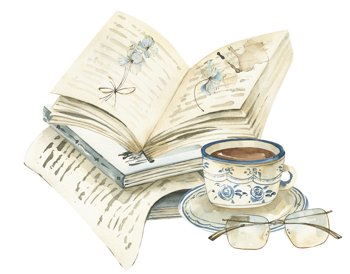 Watercolor books, journals, glasses, and tea painted with ivory and blue