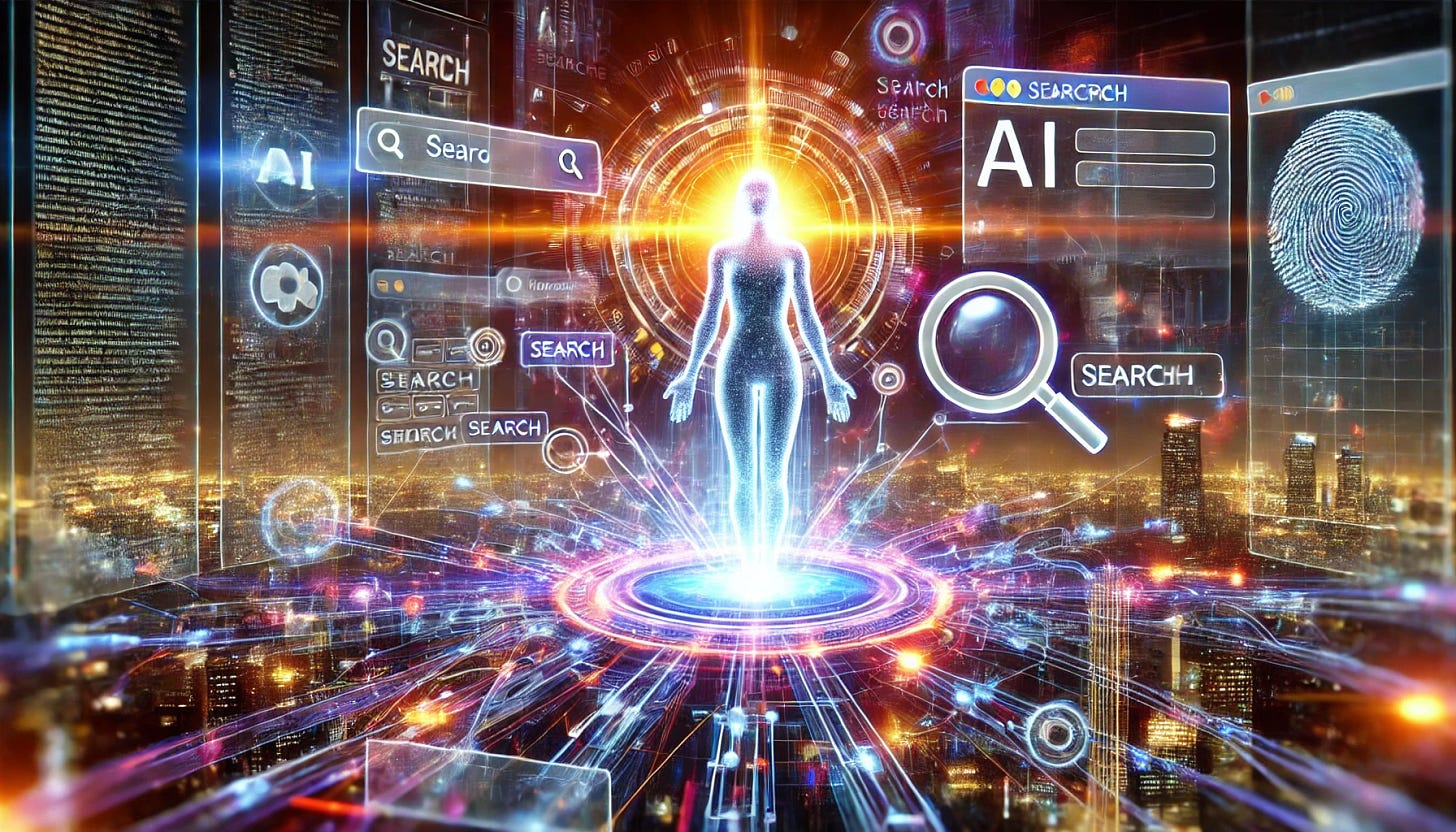 A futuristic digital landscape representing the rise of AI search engines. The image shows a glowing AI figure emerging from a web of interconnected data streams and search engine interfaces, with search bars and icons floating in the background. The AI figure is surrounded by holographic displays of information being filtered and analyzed. The background features a cityscape blending with digital elements, symbolizing the integration of AI into everyday life. The atmosphere is vibrant and dynamic, emphasizing innovation, the future of search, and the power of AI in reshaping how we access information.