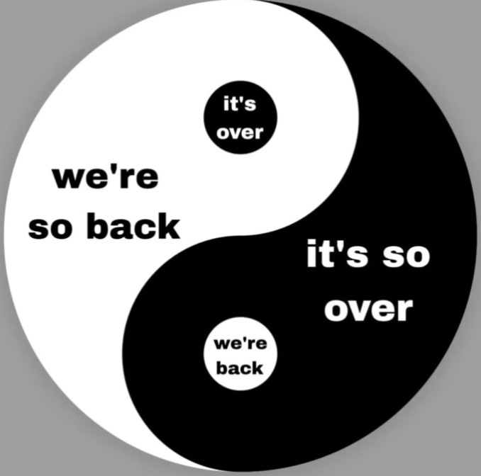 The yin-yang symbol with "it's so over" in the black section (we're back in the white dot) and "we're so back" in the white section ("it's over" in the black dot)
