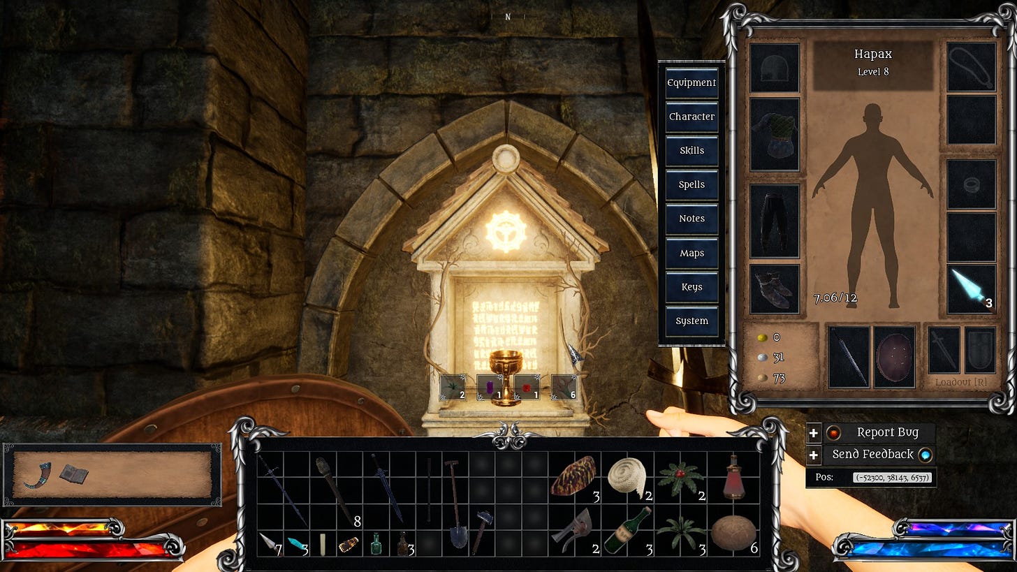 A screenshot of the game Monomyth, showing the shrine at a distance next to the game's user interface and inventory.