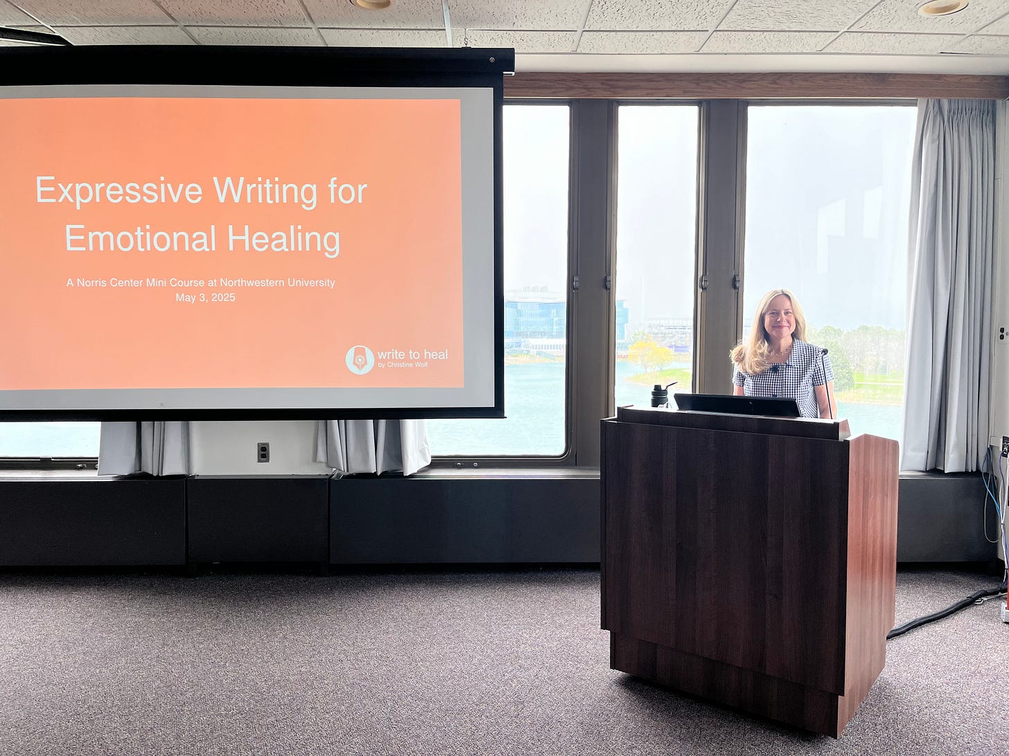 Blonde woman behind a podium smiling; a screen with orange background shows the words: Expressive Writing for Emotional Healing"
