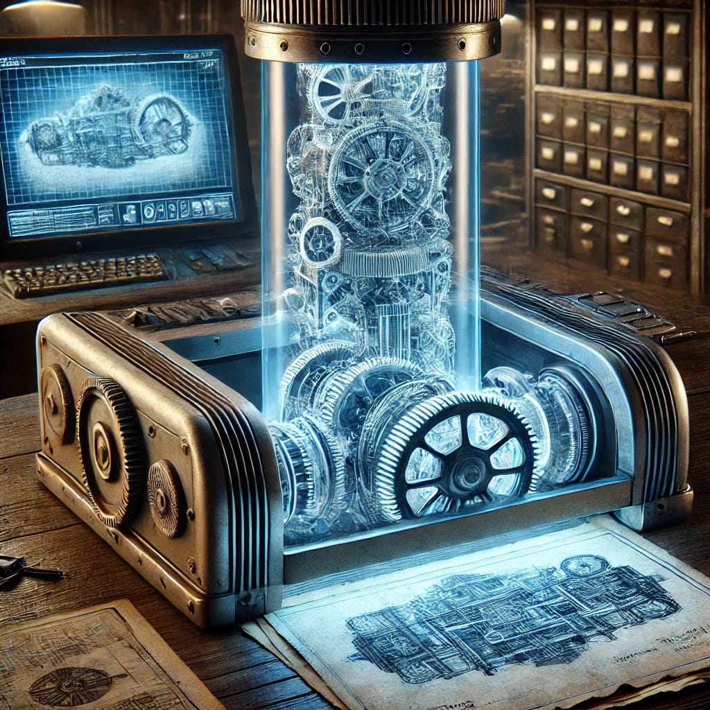 A futuristic X-ray tube technology scanning an old, weathered document to reveal hidden blueprints underneath. The X-ray machine emits a soft blue glow, illuminating the intricate mechanical and architectural details of the hidden designs. The setting is a high-tech laboratory with monitors displaying enhanced images of the revealed blueprints. The scene has a mix of science fiction and realism, emphasizing the precision of the technology.