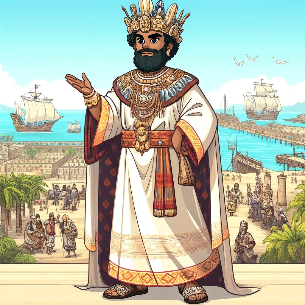 Cartoon style image of the King of Adulis, a sea king, around 100 AD. He is wearing traditional Abesha clothes, which include a long, flowing white garment (shamma) with intricate patterns and a colorful sash. He has a crown made of gold and adorned with seashells, symbolizing his maritime dominance. The background features a harbor with ancient ships and bustling trade activities, reflecting the historical significance of Adulis as a major port city.