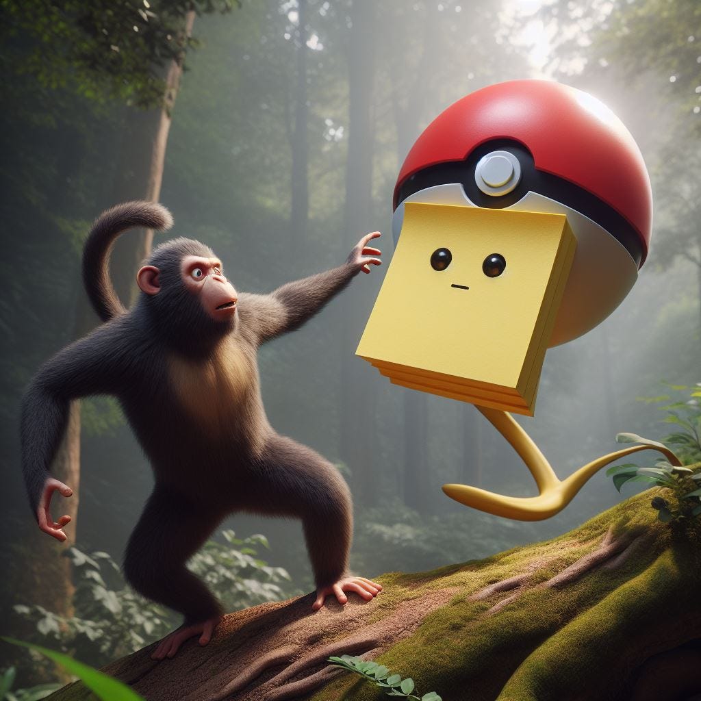 A realistic monkey throwing a poke-ball to a stickynotemon, a pokemon that is shaped as a sticky note