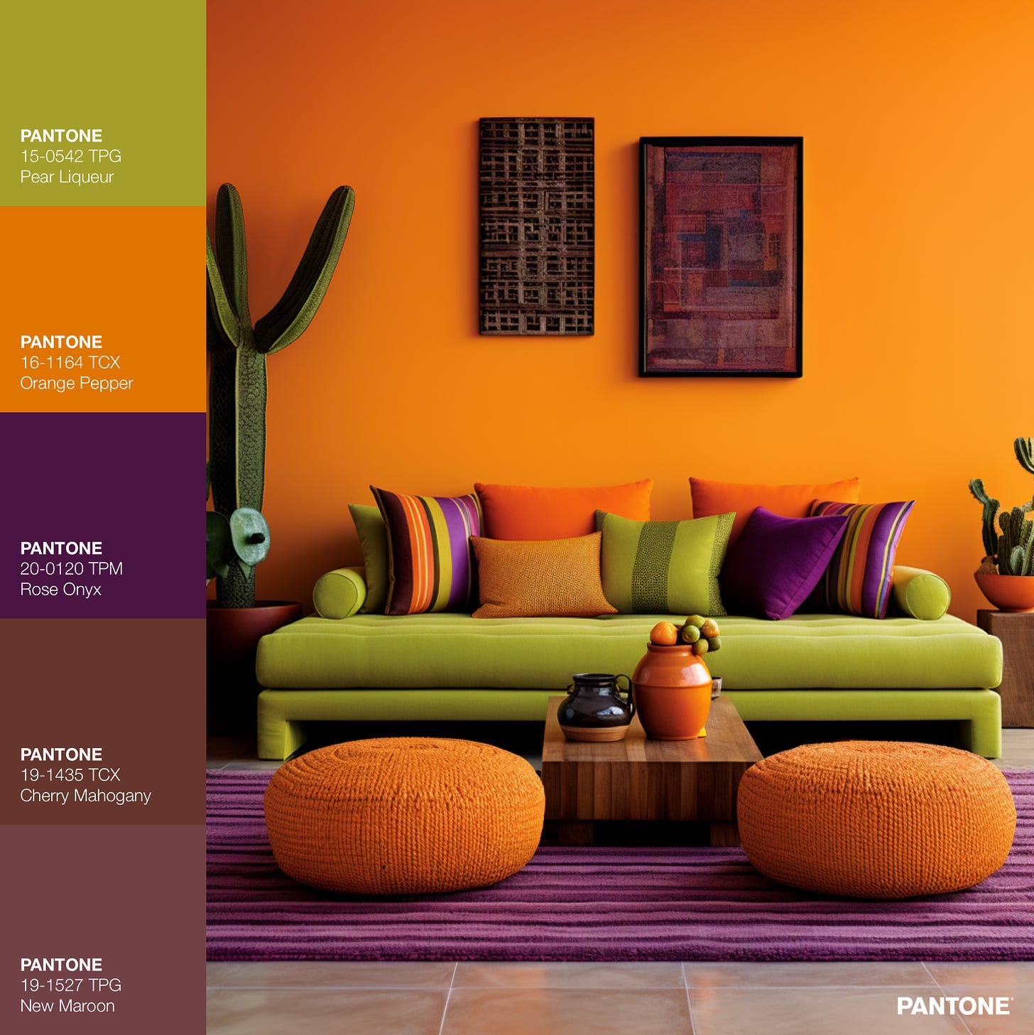 interior of living room with bright pantone colours of green, orange, and purple