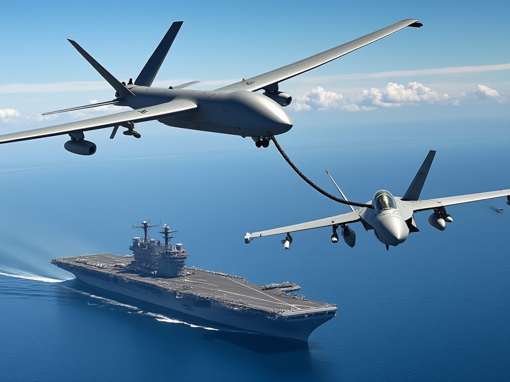 An AI-generated image of an aircraft carrier cruising in calm seas. Overhead is a F/A-18 Hornet being refueled by a MQ-25 drone. There are several inaccuracies in the AI image generation. For instance, the island sits in the middle of the carrier's deck.