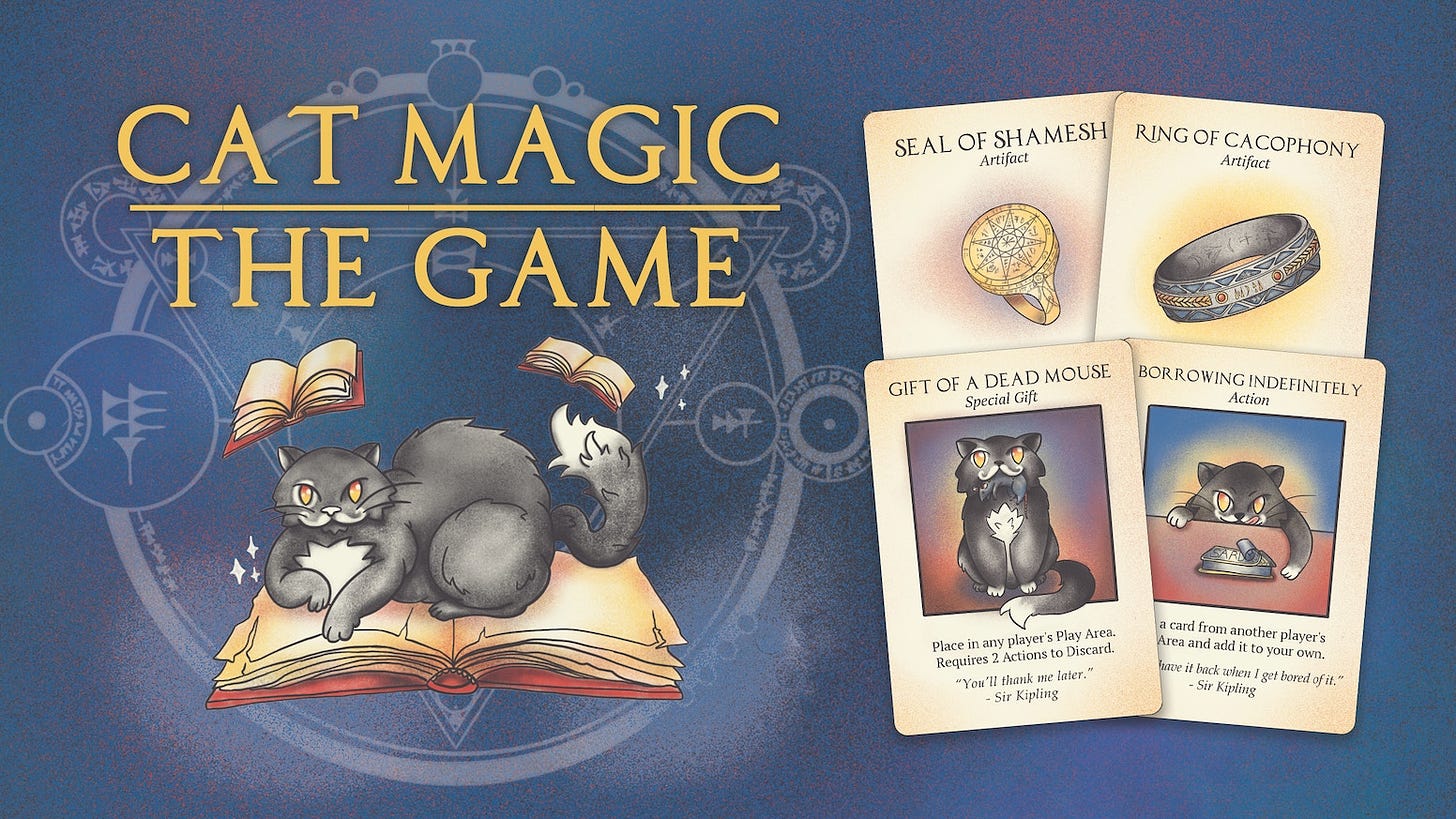 Build your artifact, sabotage your competition, and win the favor of Sir Kipling, magical talking cat. Snarky cat quotes on every card!