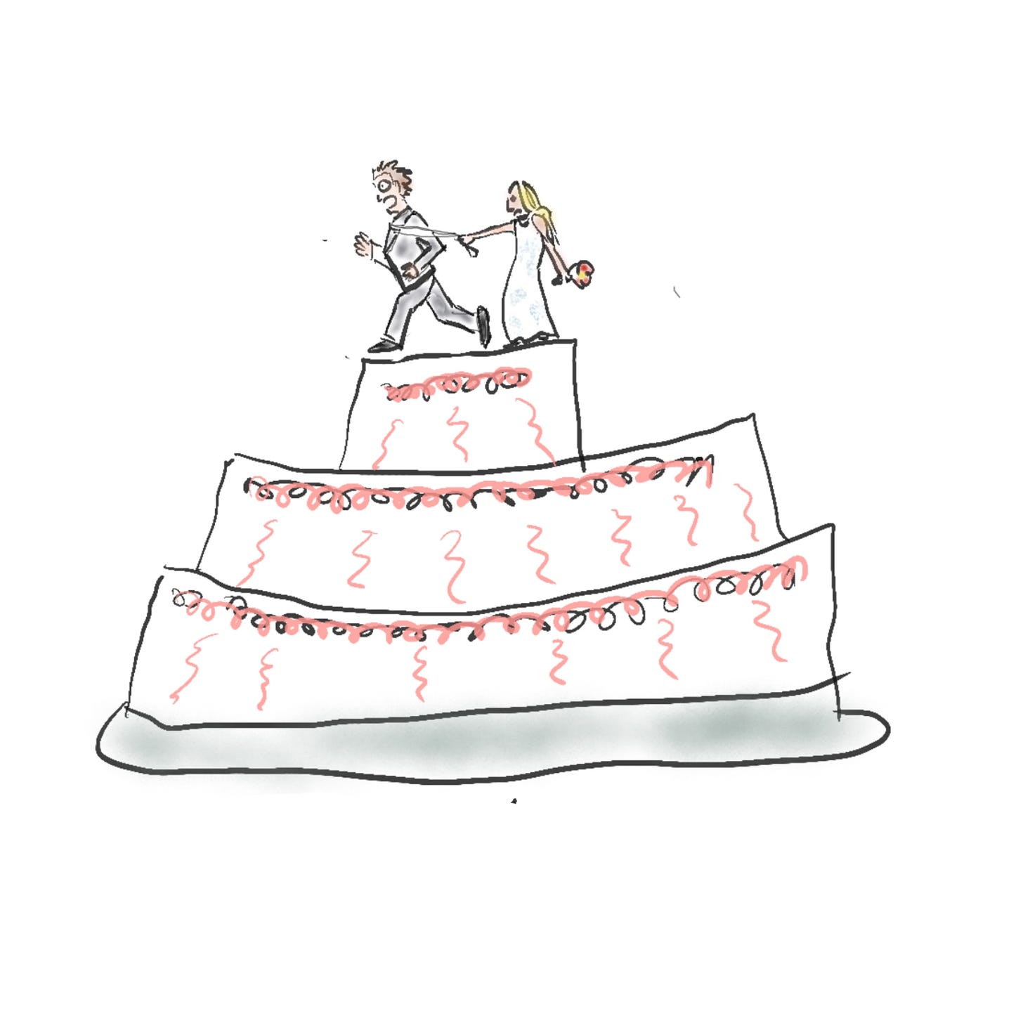 Groom runs away from bride on wedding cake