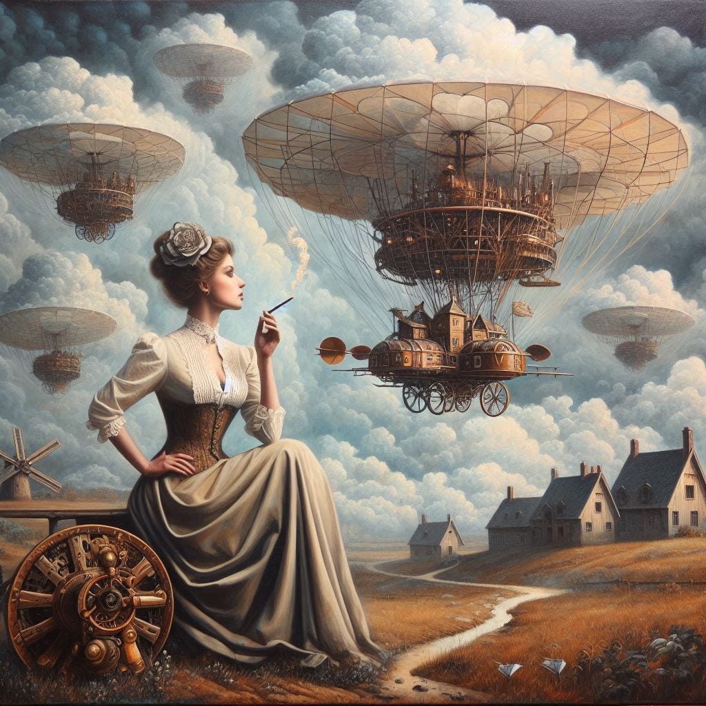 An oil painting of a woman in an elegant skirt and blouse sits on the edge, smoking a cigarette while gazing at the sky. The background is a landscape with farmhouses and windmills, while clouds drift above her head. Above it all floats a vintage flying machine that seems to have come from another world. It has multiple small wings and windows like portholes, giving off smoke-like particles as if ready for takeoff. There's also a steampunk-style clockwork engine beside her fe