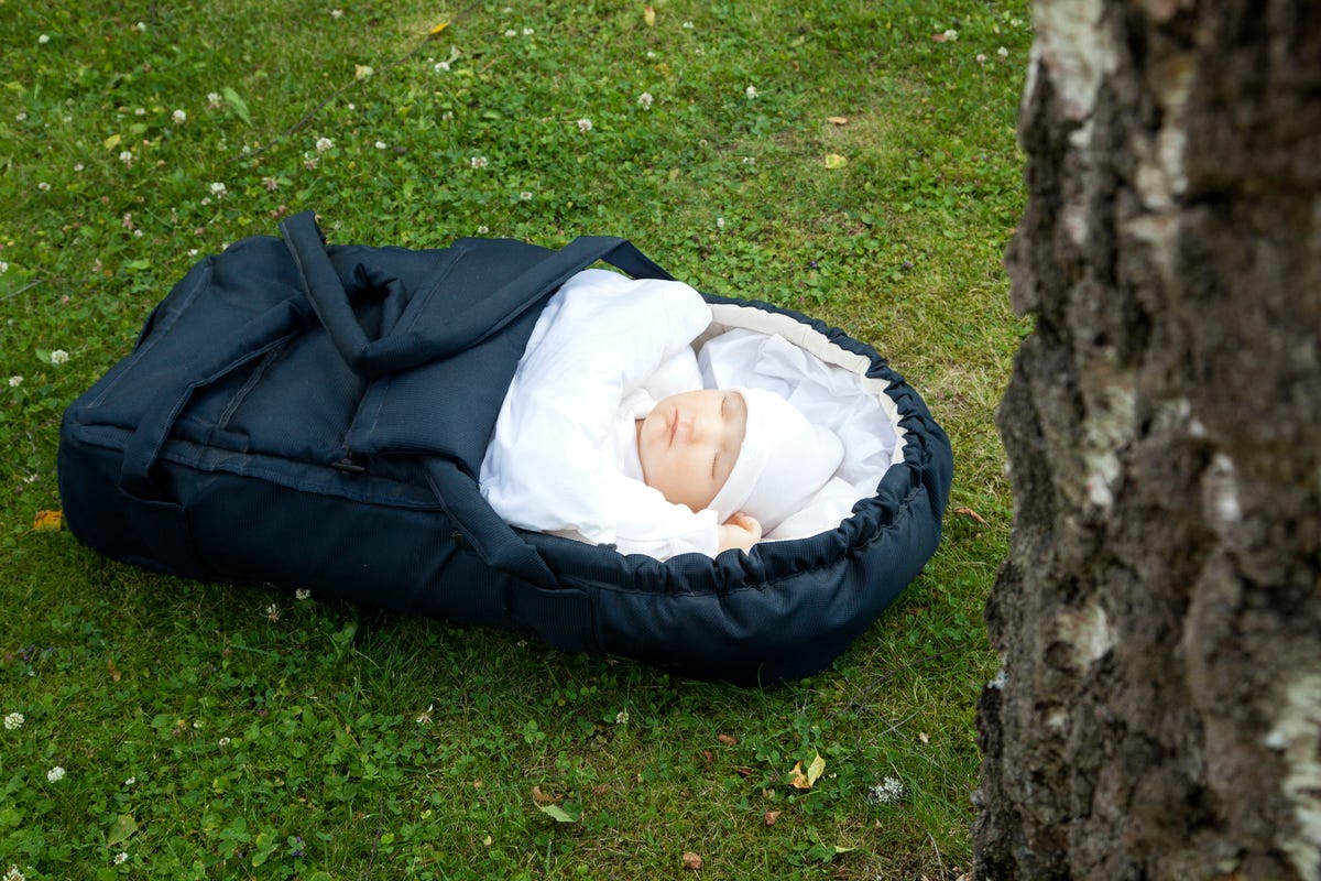 A baby sleeping in a bag

Description automatically generated