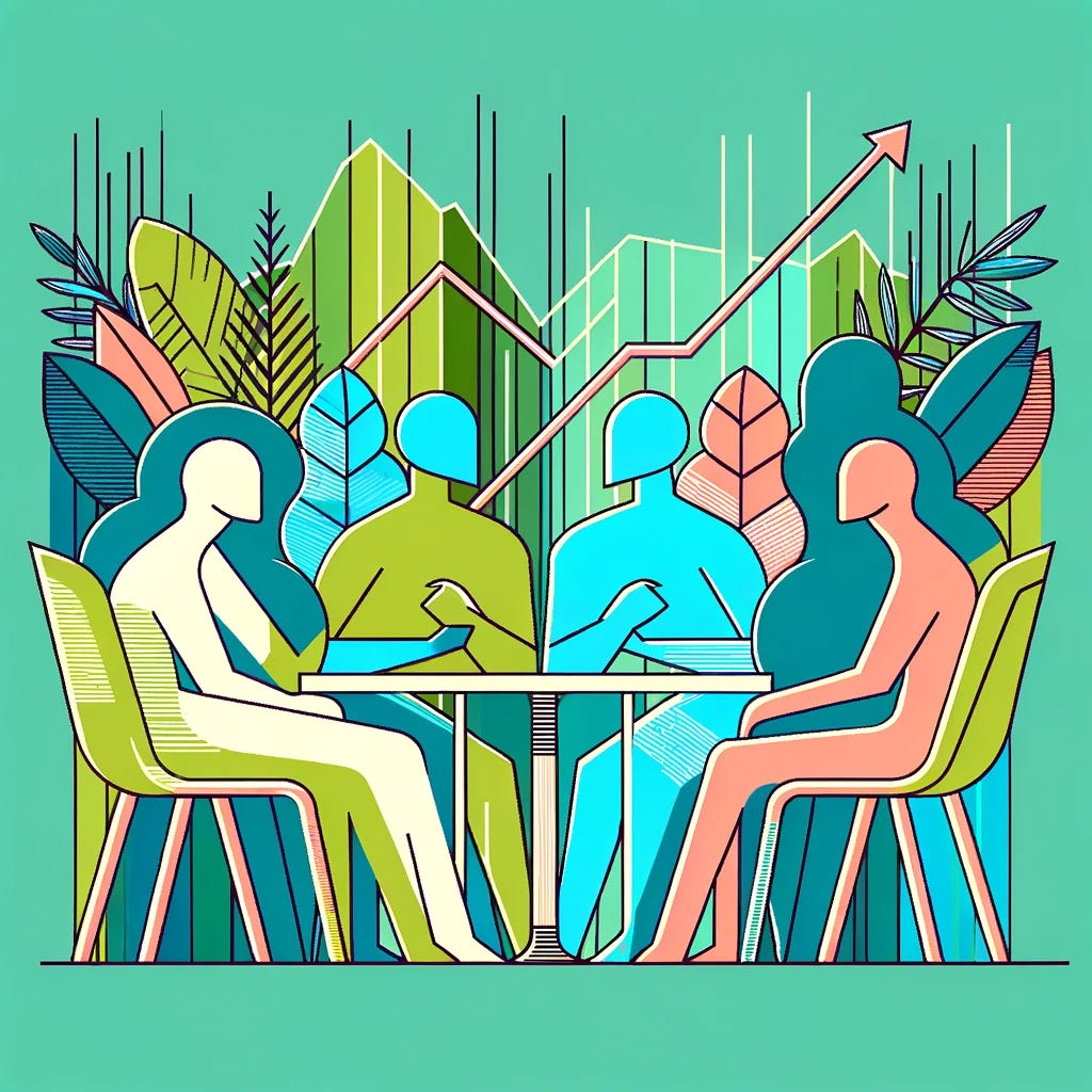An abstract illustration in a flat style featuring four highly abstracted figures, resembling line drawings or stick figures, sitting around a table. They are engaged in a friendly discussion, with no specific gender characteristics. The table should be simplistic, fitting the abstract theme. The background includes lush green plants, enhancing the serene and natural ambiance. Additionally, there's a graph prominently displayed in the background, trending upwards, symbolizing growth or success. The overall color scheme should be vibrant yet harmonious, complementing the abstract and minimalistic design of the figures and setting.
