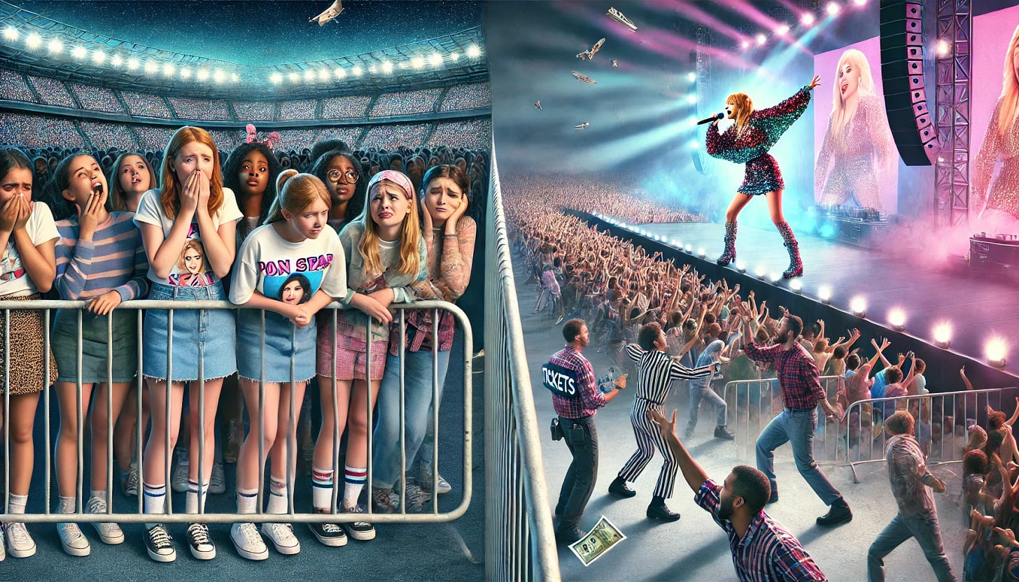 A wide image divided into two contrasting halves by a large barrier. On the left, a group of young fan girls, wearing pop star t-shirts and accessories, stand outside the stadium with dejected expressions, some leaning against the barrier while others look desperately toward the stadium. On the right, inside the stadium, an enthusiastic crowd dances and cheers under colorful lights. At the center of the stage, a blonde female singer-songwriter in a sparkling outfit performs energetically, holding a microphone as the audience celebrates the moment. In between the fan girls and the concert crowd, ticket scalpers aggressively wave tickets and cash, some holding signs with inflated prices, greedily capitalizing on the situation. The contrast between the fans' frustration and the joyful concert scene emphasizes the emotional divide.