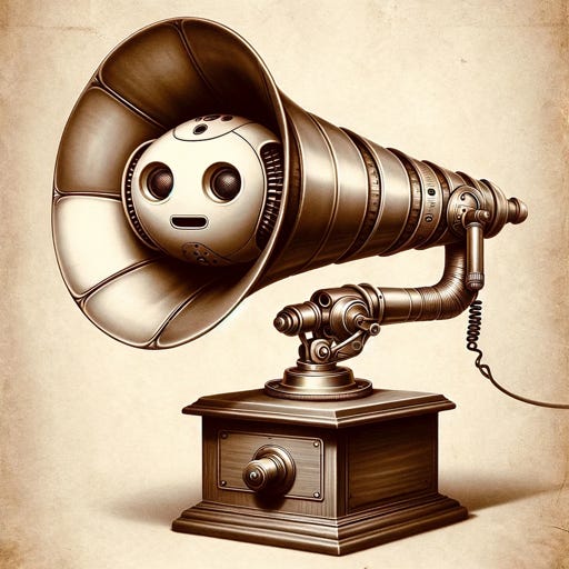 The DictaBot logo is a steampunky / old-timey dictation machine with a Gramophone-like horn. A cute robot is nestled in the horn’s opening. 