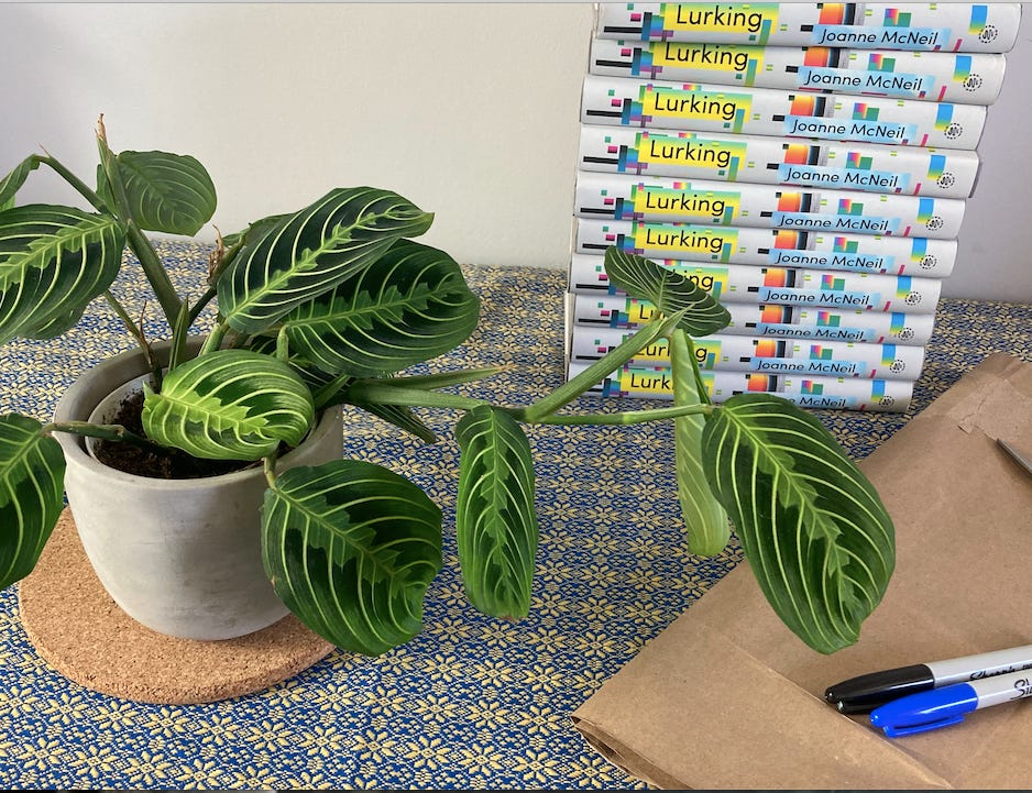 photo of maranta plant on table with stack of LURKING hardbacks