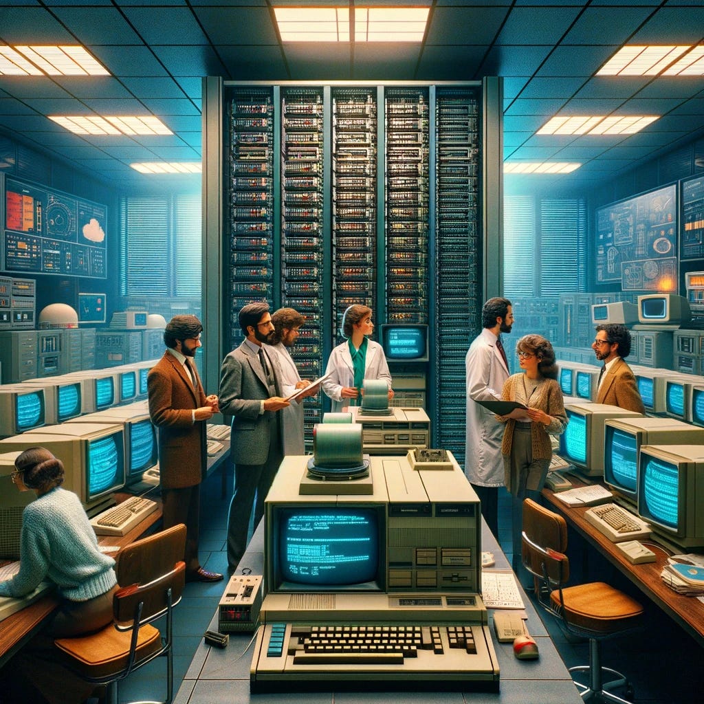 An 80s-style scene with scientists looking at a massive mainframe computer. The setting is a vintage computer lab from the 1980s, complete with retro technology and decor. The mainframe is large and imposing, with rows of tape reels and blinking lights. The scientists, dressed in typical 80s fashion with lab coats and glasses, are gathered around the machine, examining printouts and discussing data. The room has a nostalgic feel, with old-school computer monitors, chunky keyboards, and walls adorned with technical diagrams and period-appropriate posters.