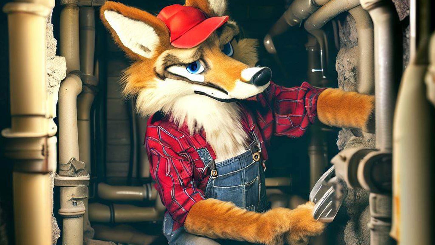 A coyote dressed like a plumber trying to fix a pipe