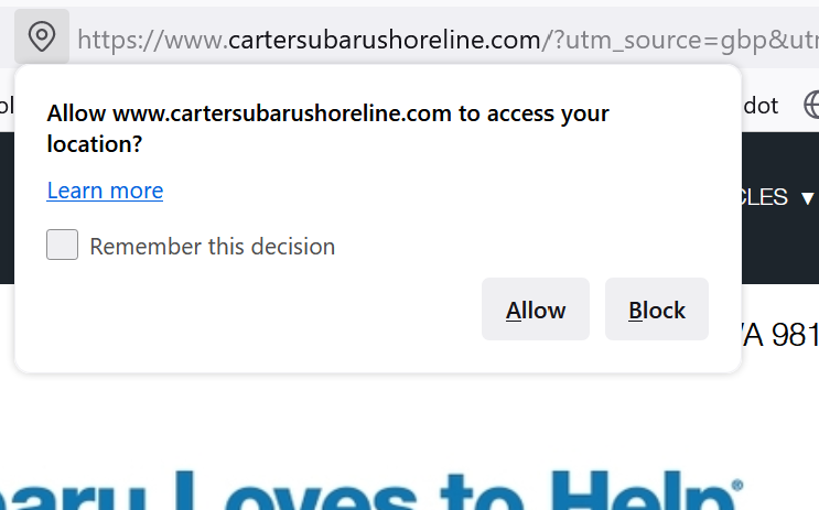 An internet browser pop-up window that reads:  Allow www.cartersubarushoerline.com to access your location?