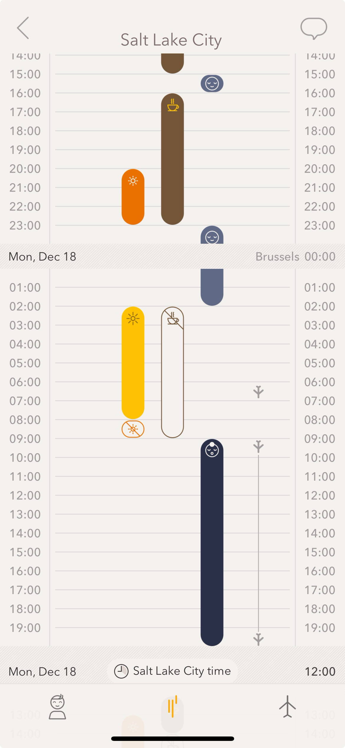 A screenshot of the Timeshifter app featuring a sleek, modern design with instructions on when to sleep, drink caffeine, and be exposed to light. Central is a recommendation for a three-hour nap from 11pm to 2am the day before the flight.