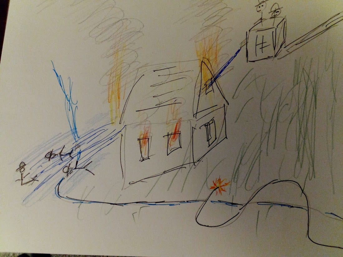 cartoon drawing of house on fire