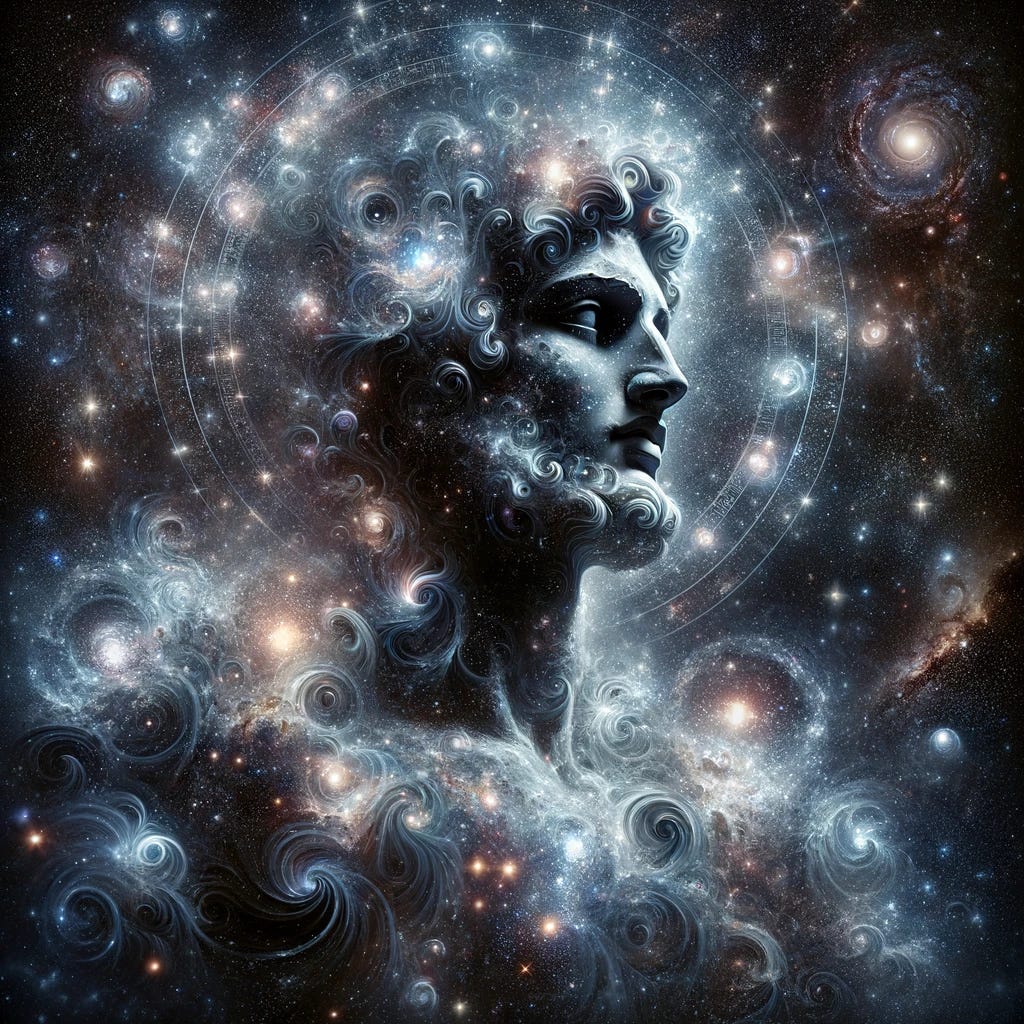 A celestial depiction of a divine figure composed of stars, galaxies, and cosmic phenomena. The figure is majestic, embodying the vastness and beauty of the universe, with features gently outlined by clusters of stars and swirling galaxies. The background is a deep, star-filled cosmos, adding to the grandeur and mystical essence of the image.