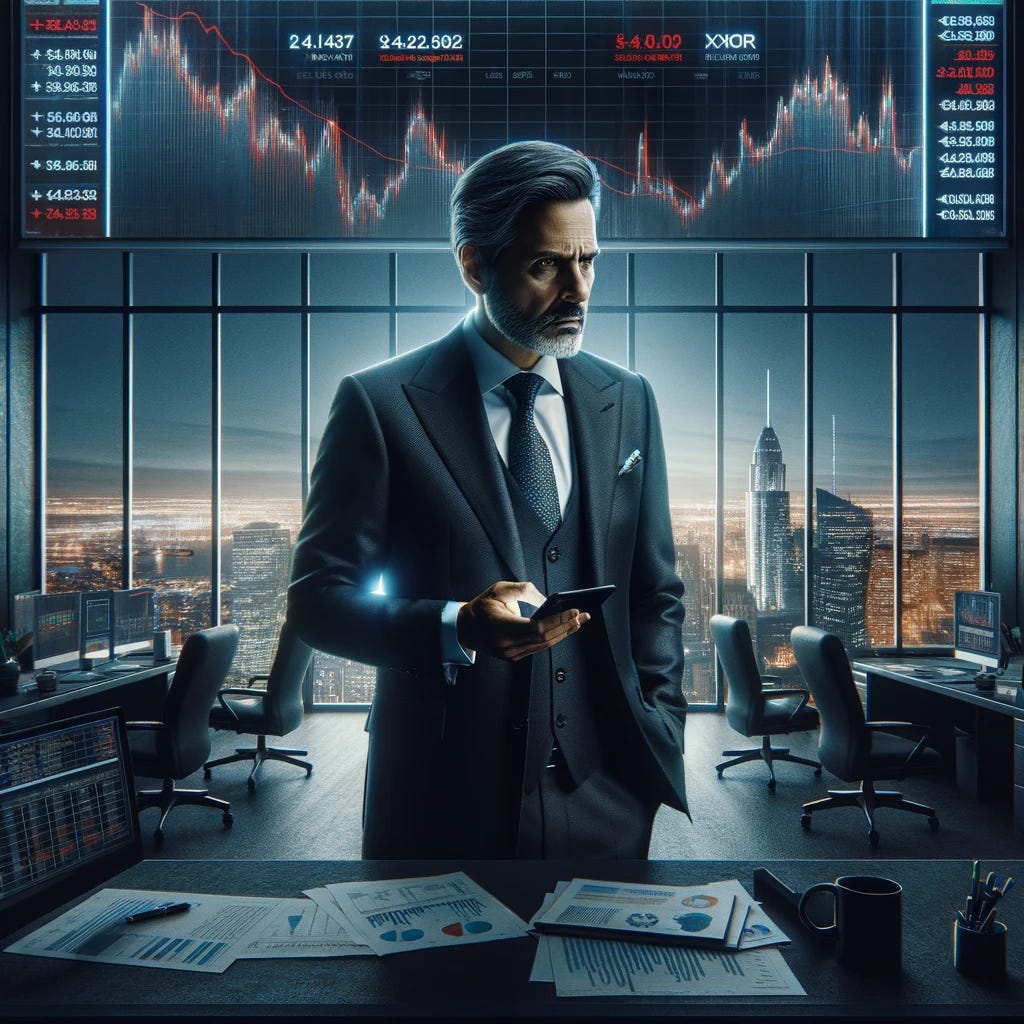 A financial mogul, depicted as a middle-aged man in a business suit, in a corporate office setting, selling JP Morgan stocks. The scene shows him standing in front of a large window overlooking a city skyline, with a serious expression, looking at multiple screens displaying falling stock prices and economic forecasts. The office is filled with financial documents and a digital board showing the stock market's downward trend, suggesting an ominous outlook for the US economy and stock market. The mood is tense, with dark and dramatic lighting to emphasize the gravity of the situation.