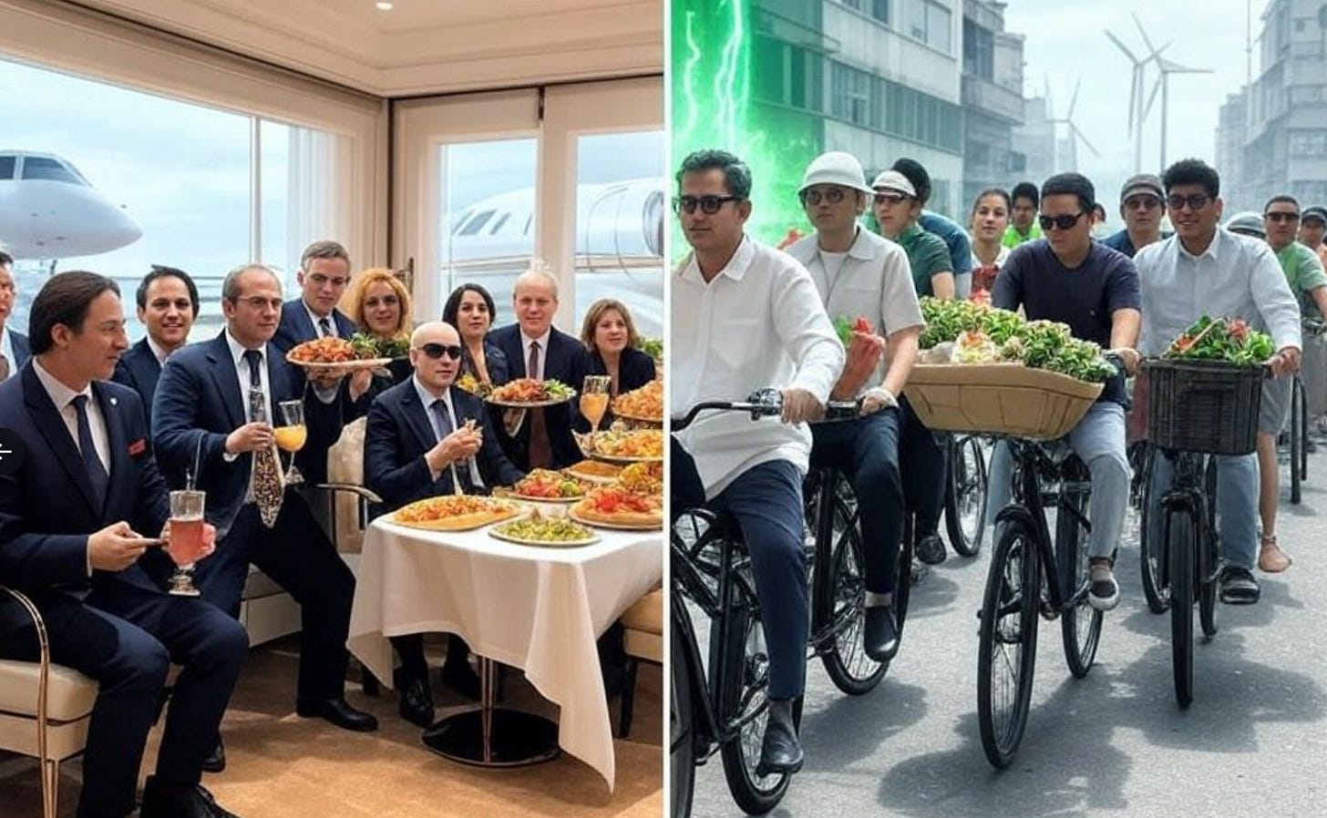 A collage of a group of people sitting at a table with food

Description automatically generated