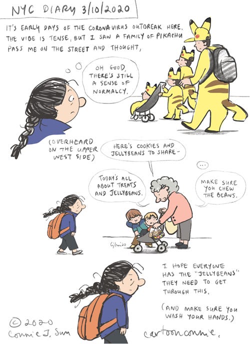 nyc diary, pikachu and jellybeans, journal comic nyc, coronavirus, covid-19, diary, journal comic, pikachu costumes, overheard, comics, sketchbook, illustration, connie sun, cartoonconnie