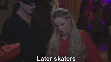 A gif of Leslie Knope in Parks and Recreation throwing up deuces and saying, "Later skaters"