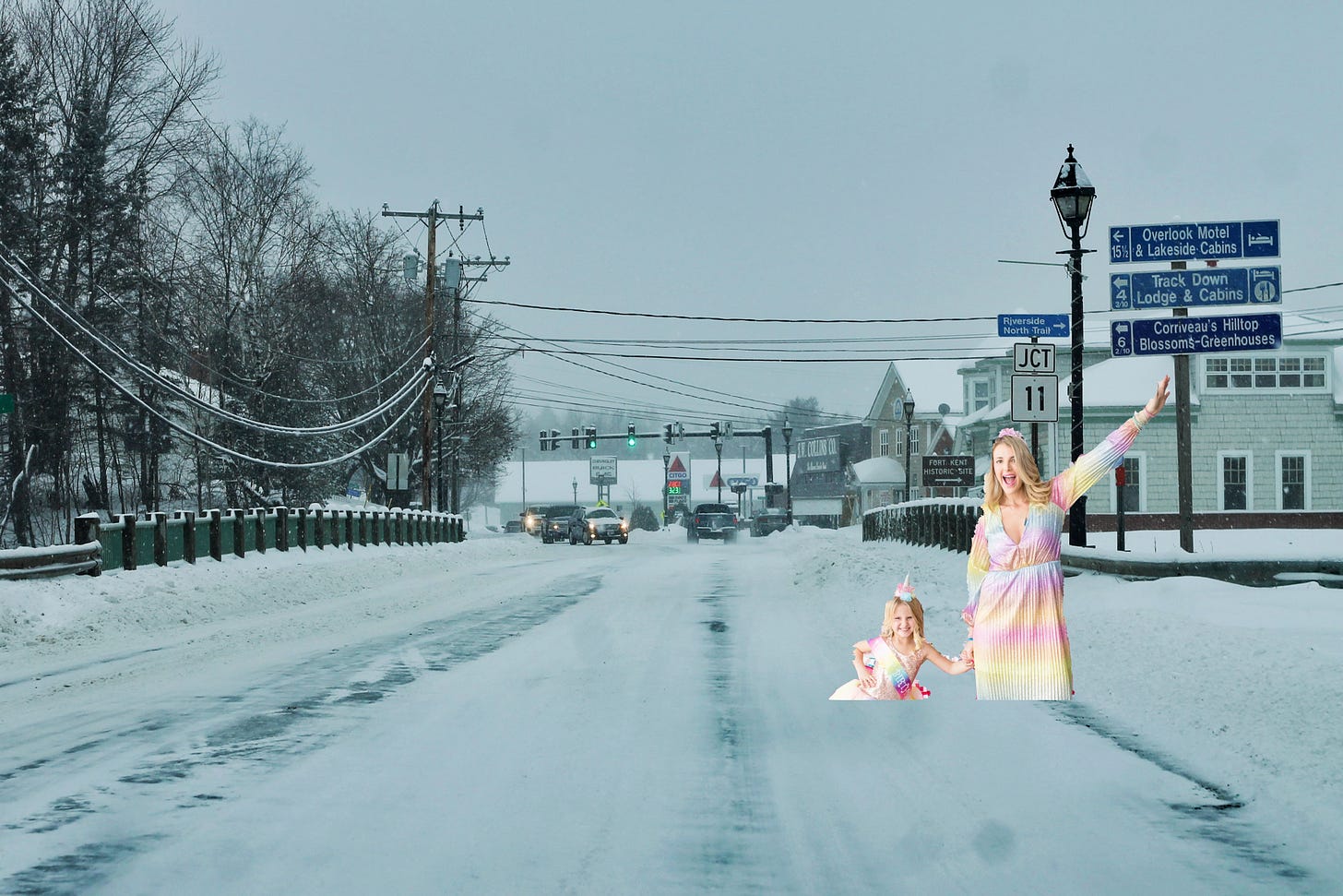 A picture of Fort Kent, Maine, with a California mom and her child in their over-extravagant toddler birthday attire photoshopped into the scene to see what it would look like if they visited Fort Kent, Maine during the winter.
