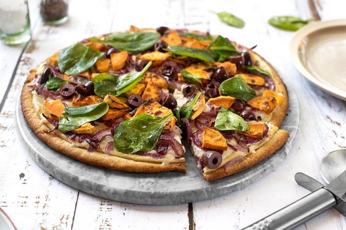 vegan Sweet potato pizza with black olives &onions