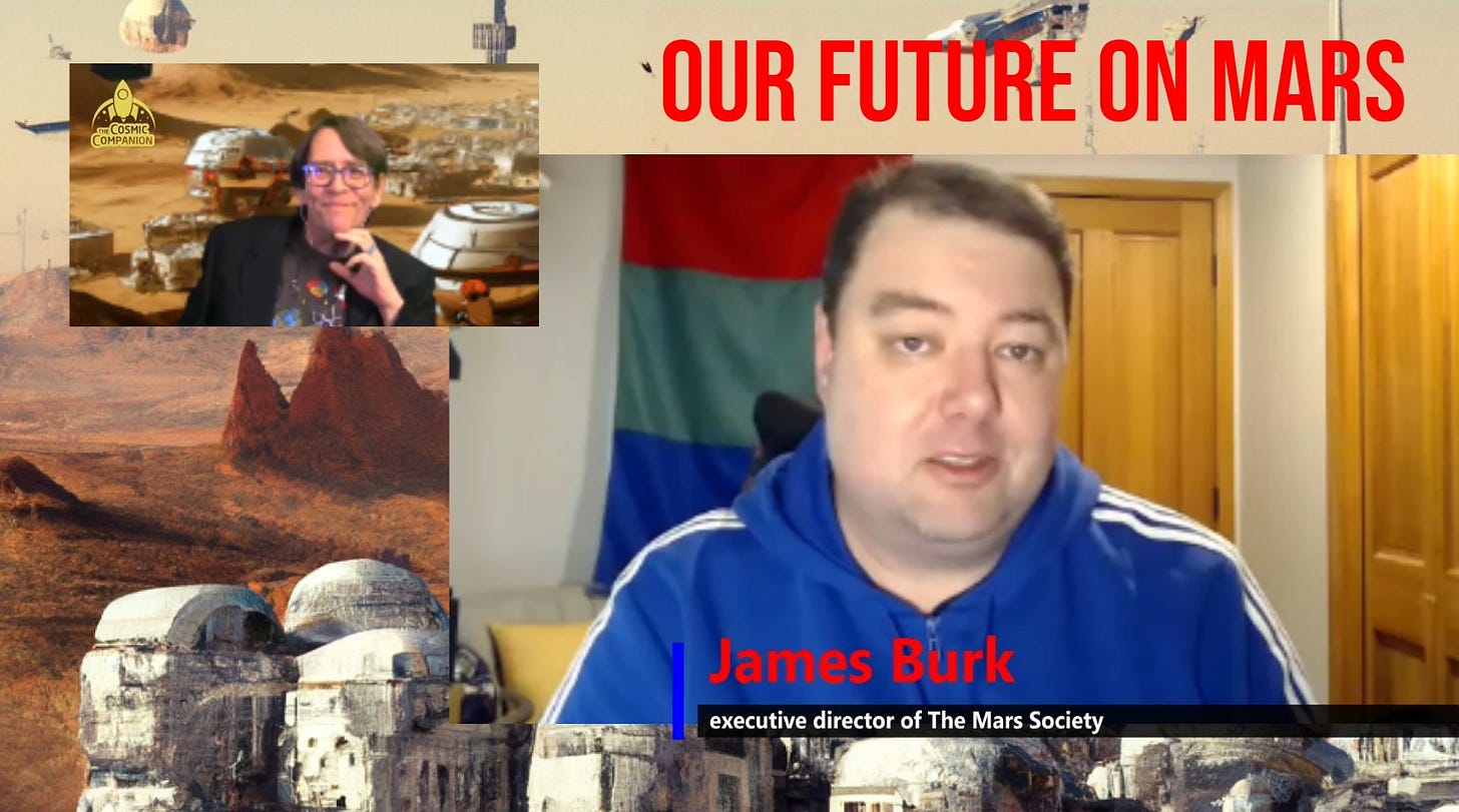 James Burk and James Maynard on a video call with a futuristic Mars scene in the back.
