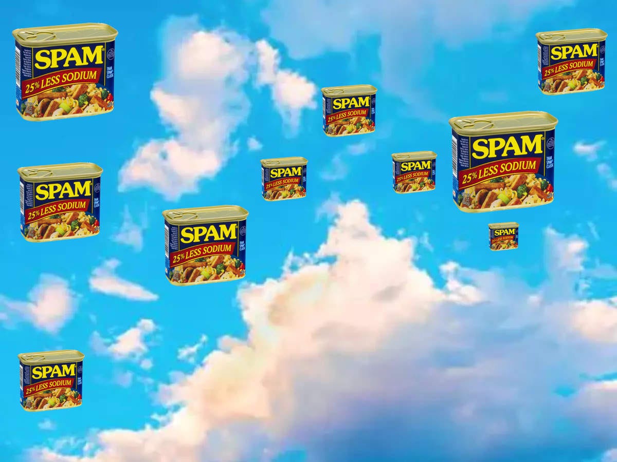 spam cans floating in front of a blue sky with white clouds