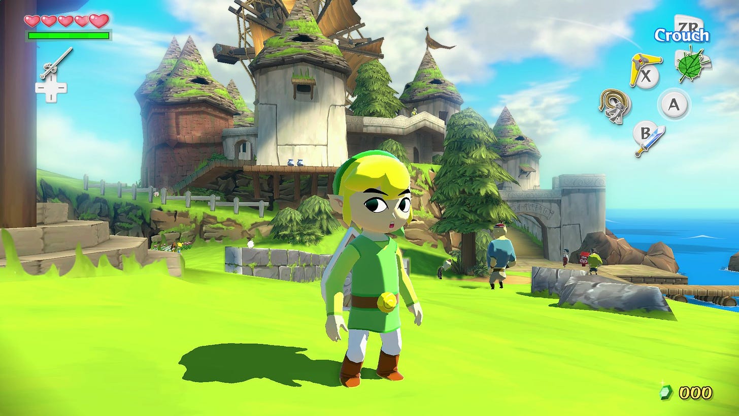 Link stood on an island with the town and island residents visible behind him