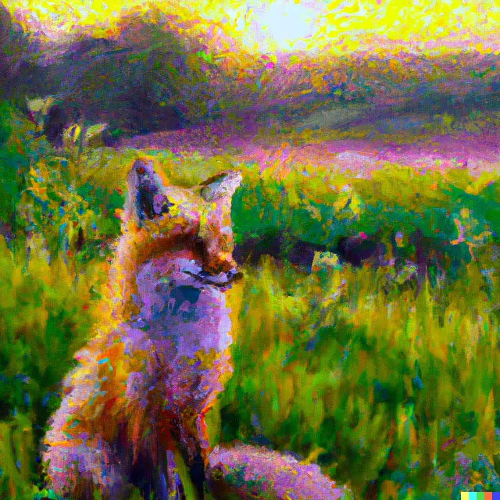 Imagen generada opr Dall-e2 con la instrucción: a painting of a fox sitting in a field at sunrise in the style of Claude Monet