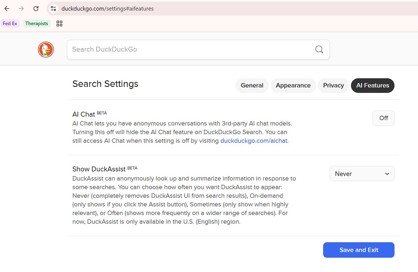 DuckDuckGo AI features settings. AI Chat is set to off. Show Duck Assist is set to never. There is a "Save and Exit" button in the bottom right of the screen.