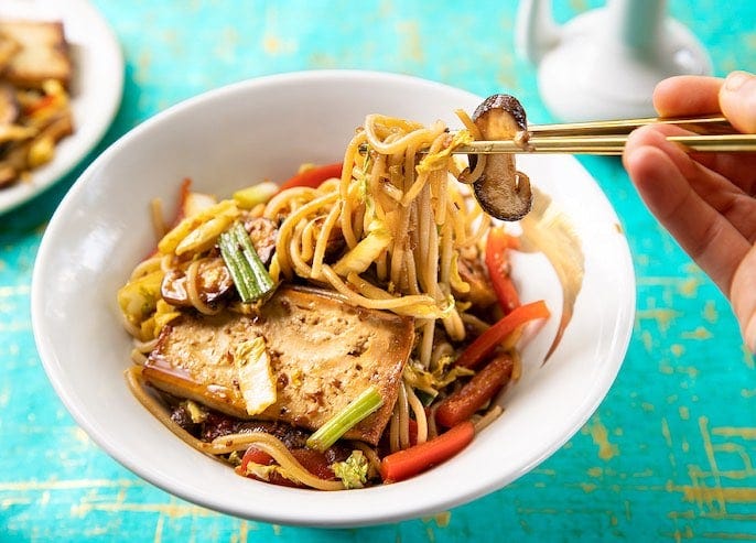 Asian Noodles with fresh shiitake, napa cabbage, and tofu