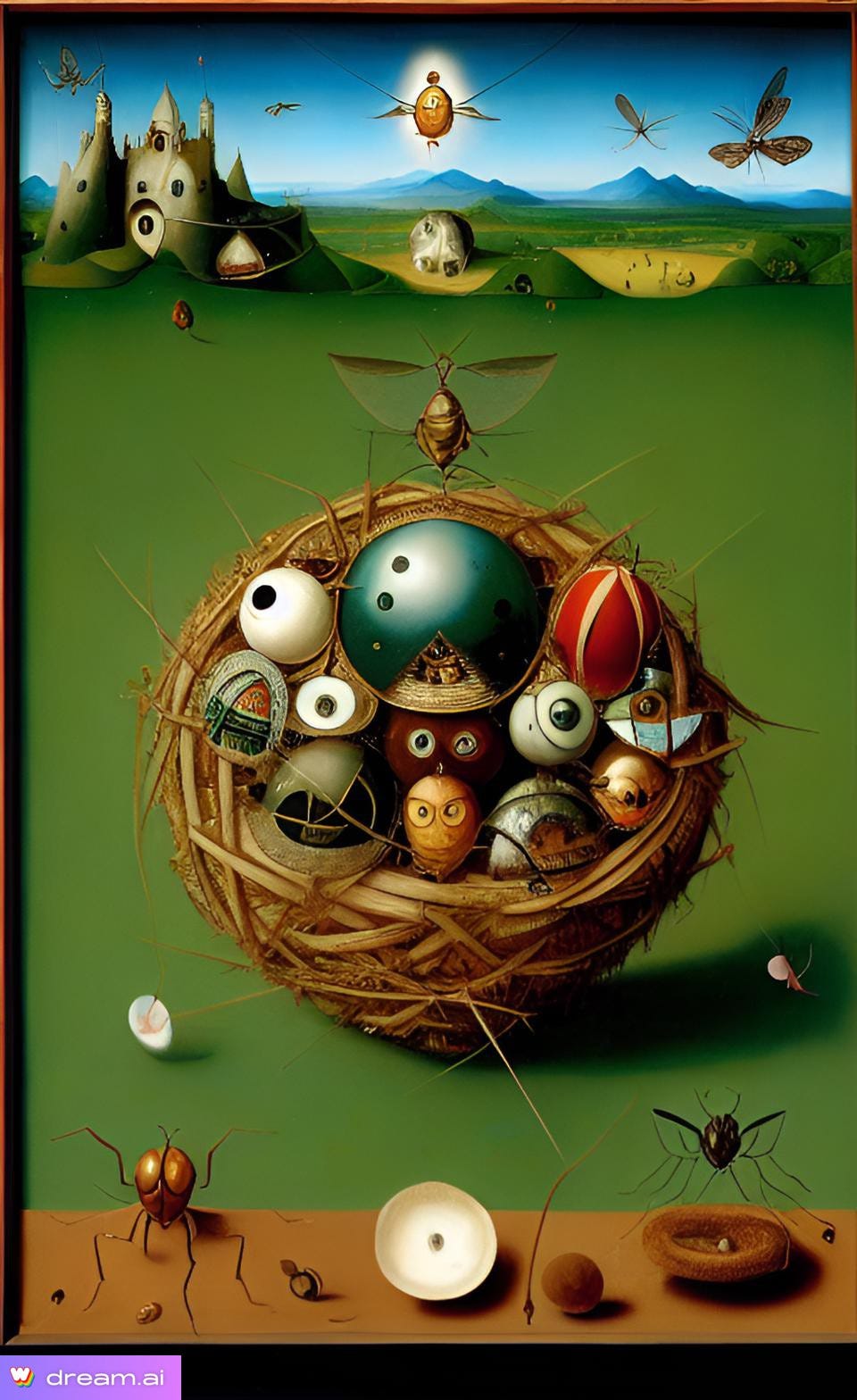 A.I. image in absurdist-surrealist style depicting whimsical bug-like things in and around a bird's nest
