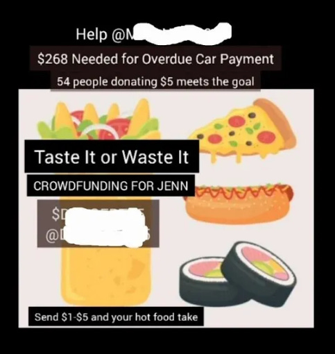 TikTok live background encouraging people to donate while they discuss hot food takes.