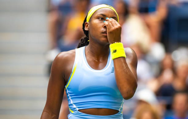 Coco Gauff of the United States in action against Emma Navarro of the United States in the fourth round on Day 7 of the US Open at USTA Billie Jean...