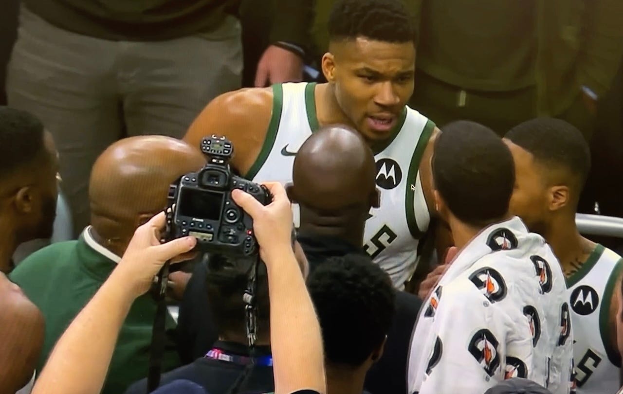 Giannis Antetokounmpo confronting Tyrese Haliburton and assistant coach Lloyd Pierce following the Bucks’ 140-126 win.