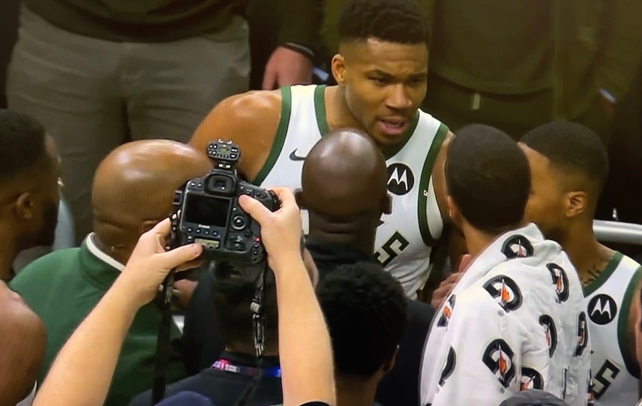 Giannis Antetokounmpo confronting Tyrese Haliburton and assistant coach Lloyd Pierce following the Bucks’ 140-126 win.