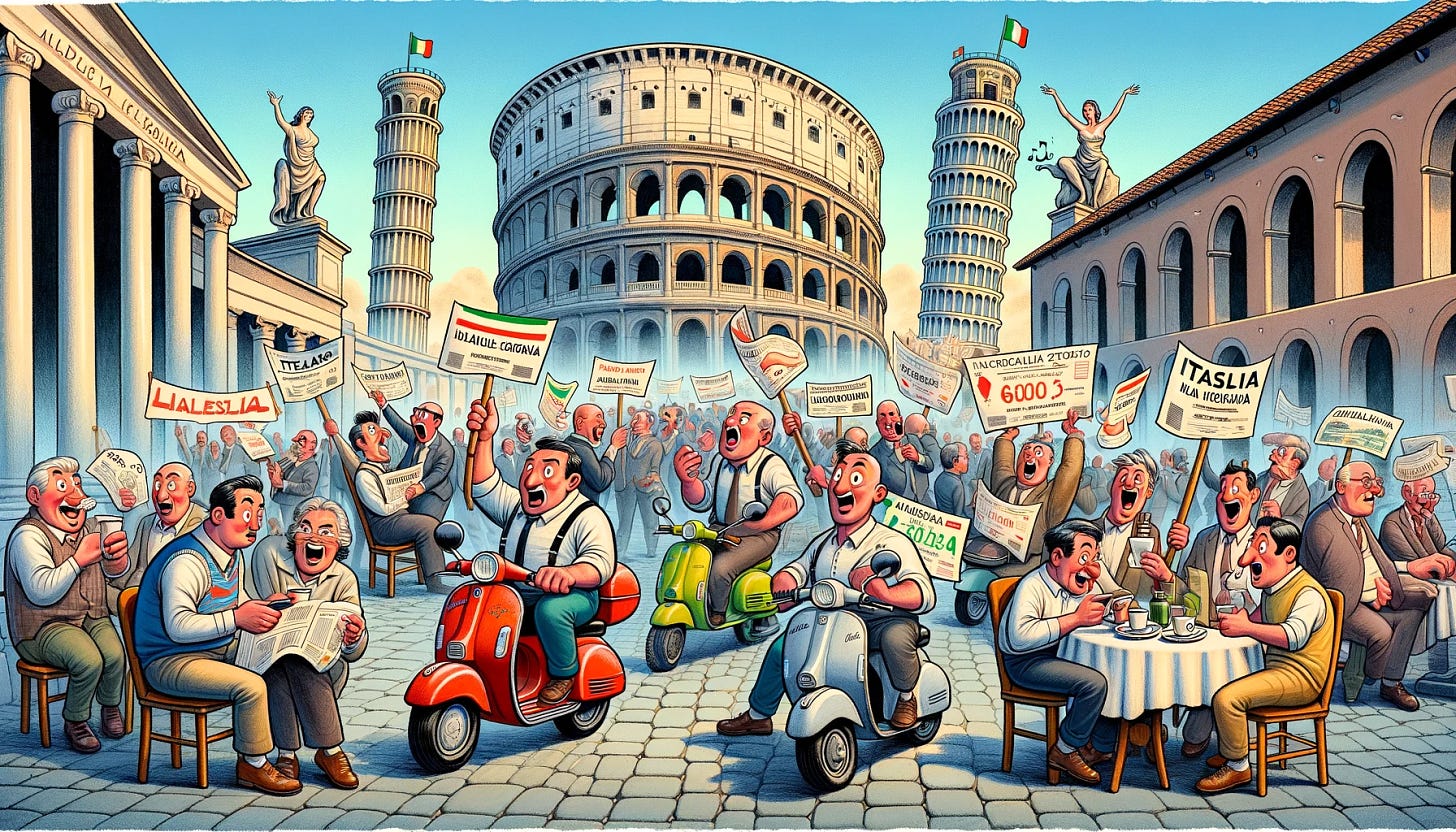 A satirical cartoon depicting the concept of Italians investing too heavily in Italian stocks. The scene is set in a bustling Italian cityscape with famous landmarks like the Colosseum and the Leaning Tower of Pisa in the background. The foreground shows a crowd of stereotypical Italian investors, wildly gesticulating and passionately discussing stocks, with giant oversized stock certificates for Italian companies in their hands. Some are riding Vespa scooters, weaving through the crowd, while others are sipping espresso at a street cafe, still holding their massive stock certificates. The exaggerated facial expressions and body language emphasize their enthusiasm and single-minded focus on Italian stocks, highlighting the humorous notion of overinvestment in a playful manner.
