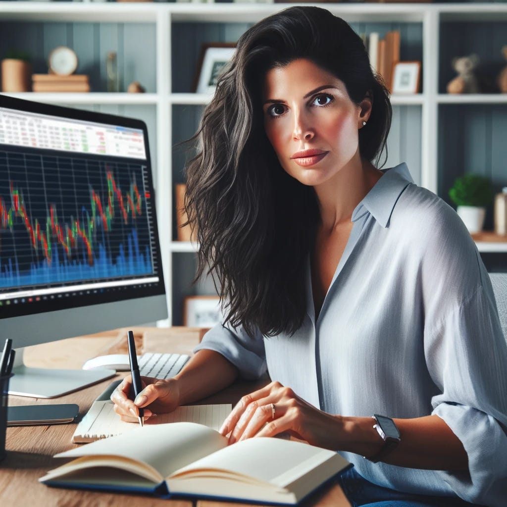 A beautiful woman with raven hair is sitting in front of her computer, intently studying the stock market charts and reports. She has an air of determination and focus, with a notebook and pen beside her, jotting down her findings and strategies. The scene is set in a well-lit home office, reflecting a mix of comfort and professionalism. She is wearing casual, yet smart attire, symbolizing her serious approach to personal finance and investment. The background features a bookshelf filled with finance and investment books, alongside some personal mementos, creating a personalized and inspiring workspace.