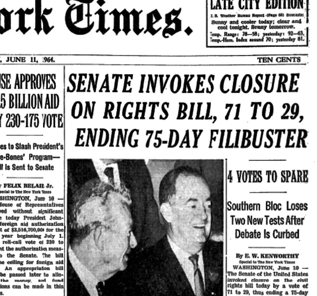 Michael Beschloss on X: "By 71 to 29, US Senate shuts down 75-day  filibuster against JFK-LBJ civil rights bill, today 1964:  https://t.co/DTp7TyfxNz" / X