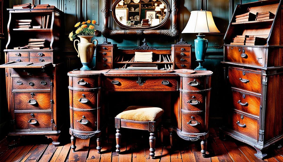 Antique cabinets and shelves with books