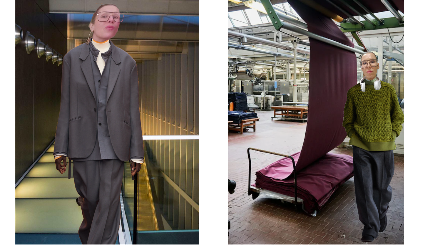 Two collages of me walking in Zegna's hq, one with a hrey oversize suit i. The offices and another in the manufacturing area where a machine is working on a piece of burgundy wool of big dimensions. I am wearing a green sweater and navy wool trousers