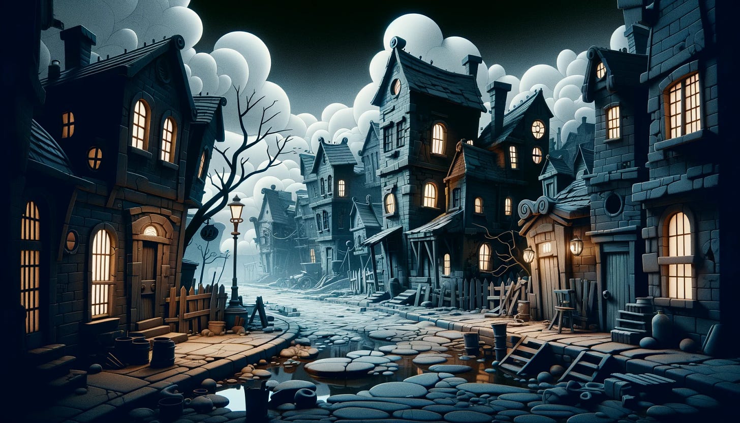 A cartoonish, desolate, gloomy town with perpetually overcast skies and dim lighting. The buildings are exaggeratedly worn down, with cracked walls and broken windows. The streets are empty and lifeless, with sparse vegetation and puddles of dirty water. The overall atmosphere is dark and oppressive, but with a whimsical, animated style that highlights the bleakness in a more stylized and exaggerated way.